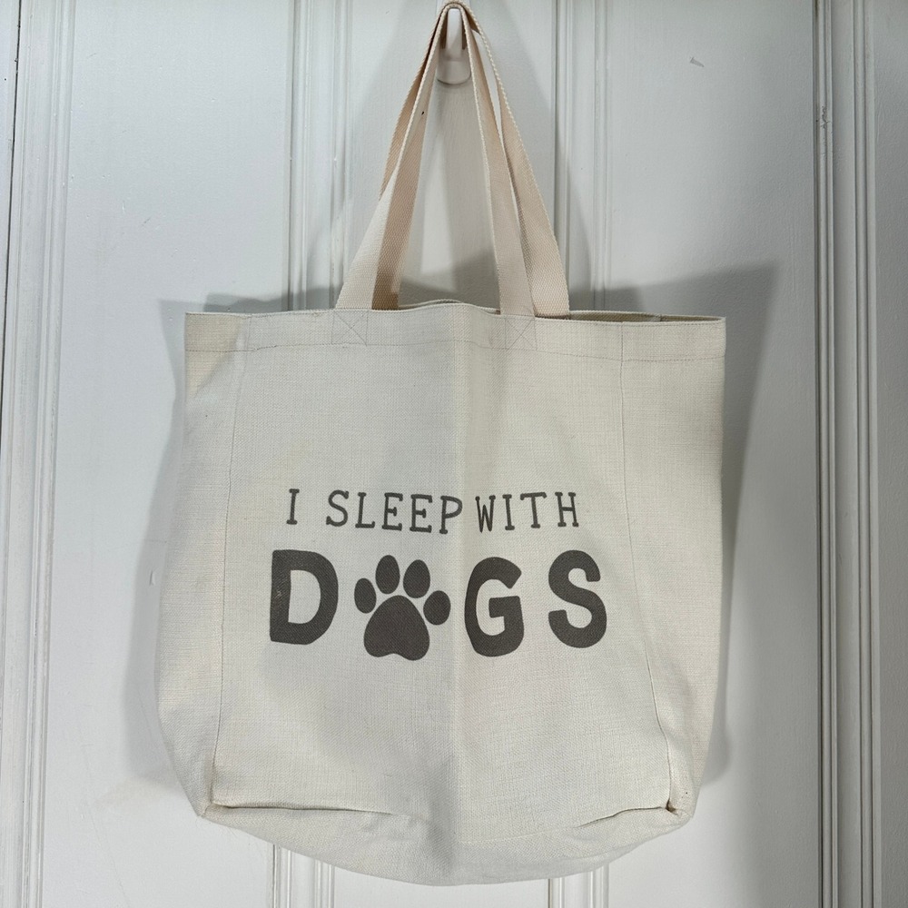 I Sleep With Dogs Graphic CanvasTote Bag Unisex Large Cream Excellent